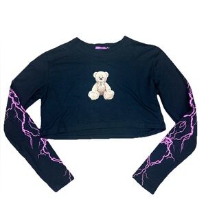 Edikted Bear & Thunder Graphic Print Black Long Sleeve Crop Top Size XS NWT